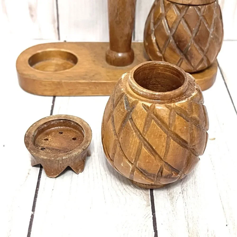 Monkey Pod Wood Pineapple Salt & Pepper Shakers Vintage Waikiki Woods Hawaii